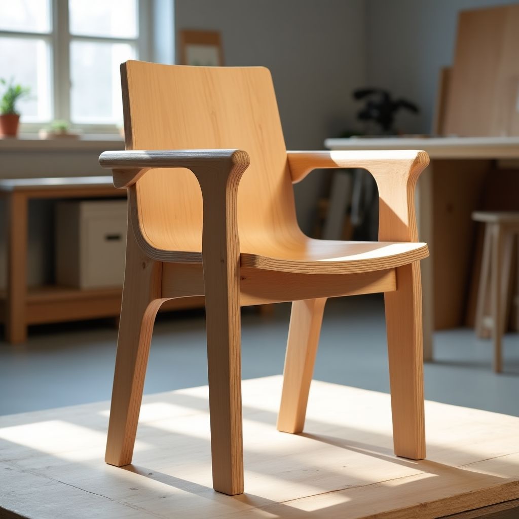 Prototipo de silla de madera sostenible en un taller de diseño.